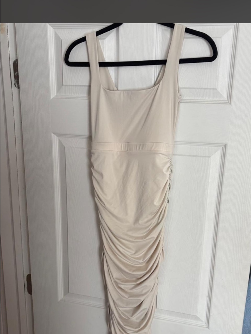 Oh Polly Cream Square Neck Ruched Midi Dress